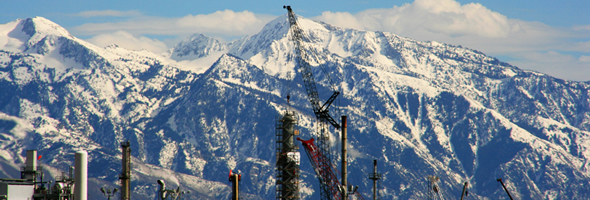Mountain Range with Cranes